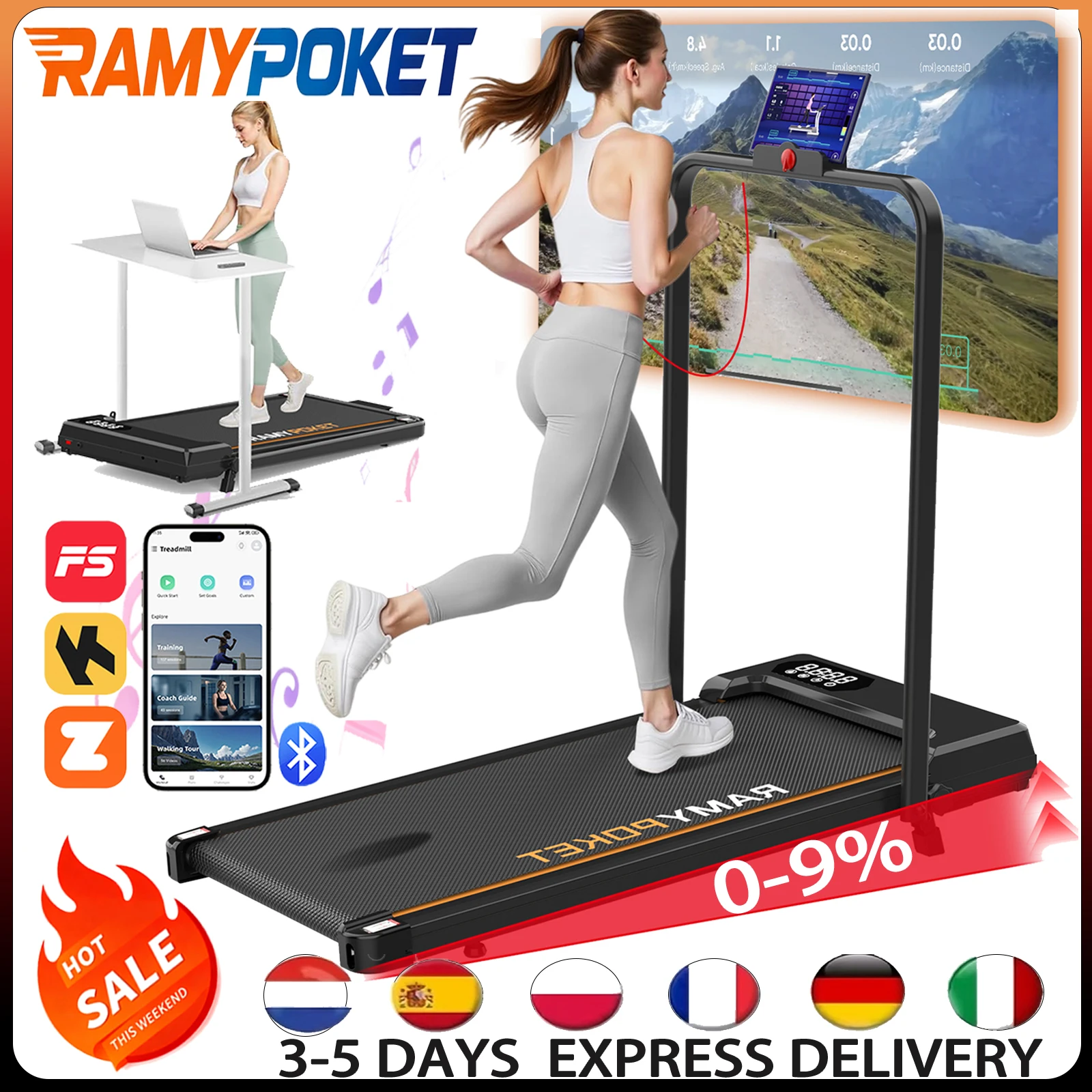 RAMYPOKET Tapis de marche pour bureau à domicile 9% inclinaison APP 1-10 km/h 330lb Écran LED Tapis Roulant pour Maison & Bureau