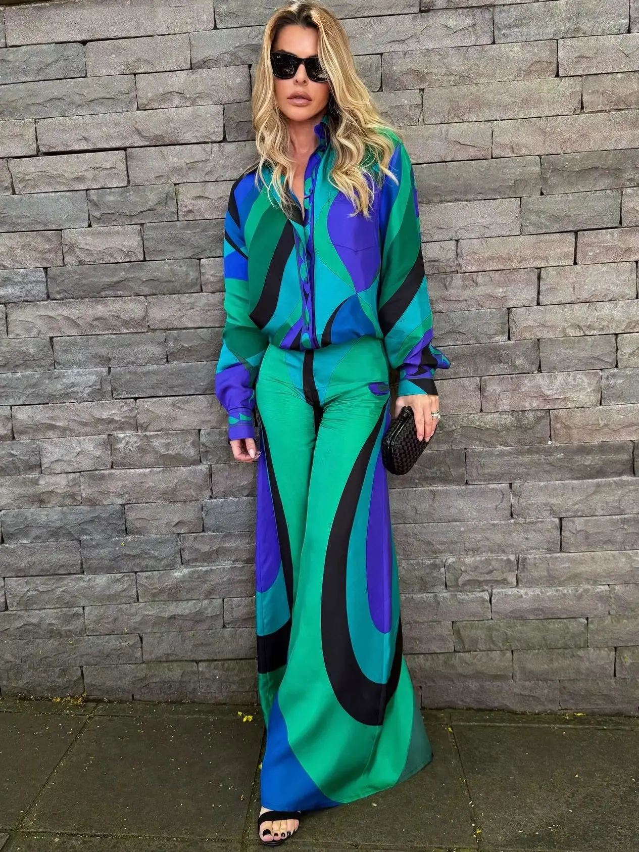 

Puc Silk Trendy Color Block Abstract Print Matching Sets for Women Elegant Long Sleeve Blouse & Palazzo Pants 2 Piece Outfits