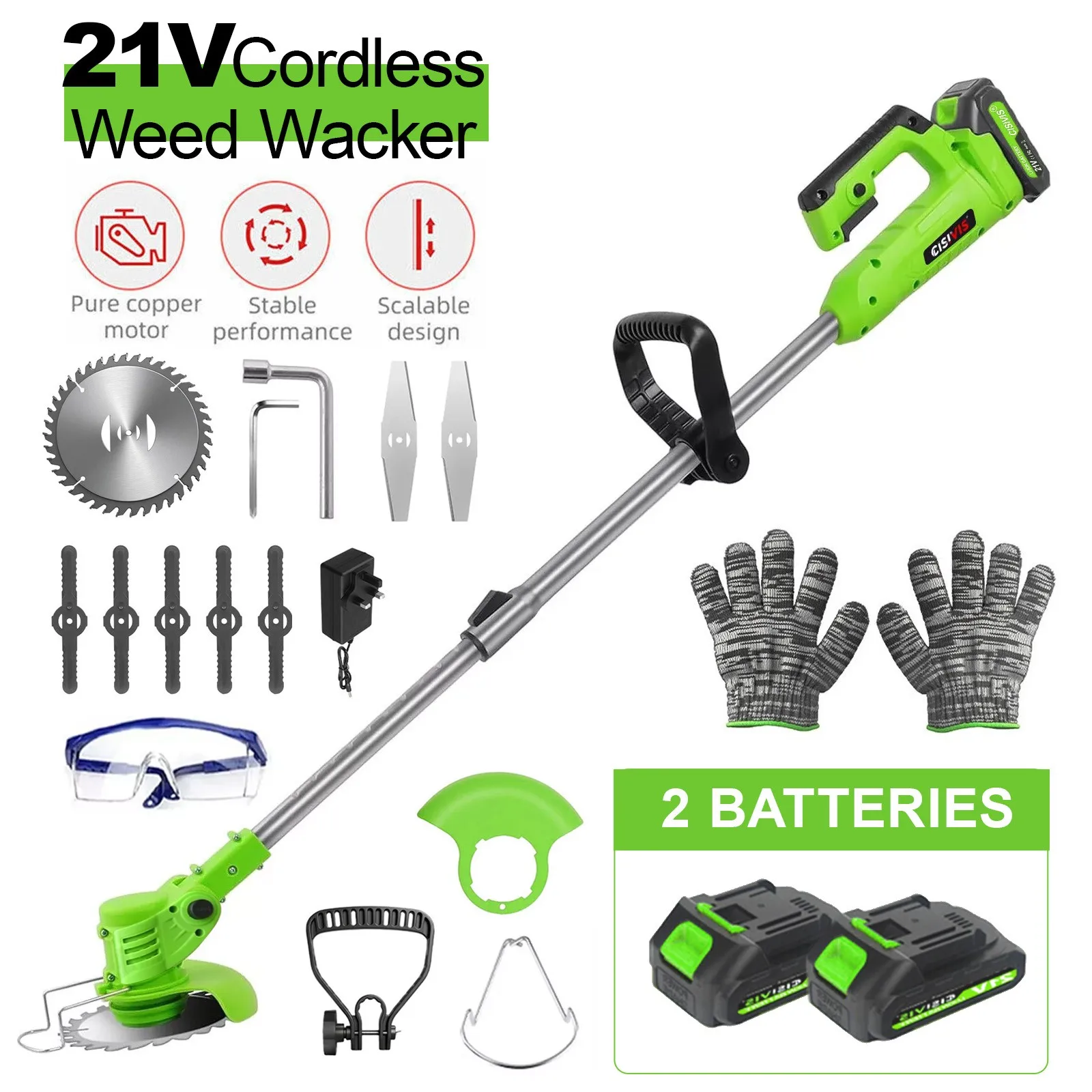 21V Cordless Grass Trimmer Strimmer with 2 Rechargeable Batteries, Electric Tree & Garden Weed Cutter Lawn Edger, Lightweight Grass Cutting Tool for Yard Lawn Weeding Edge Trimming Home Outdoor Daily Use UK New