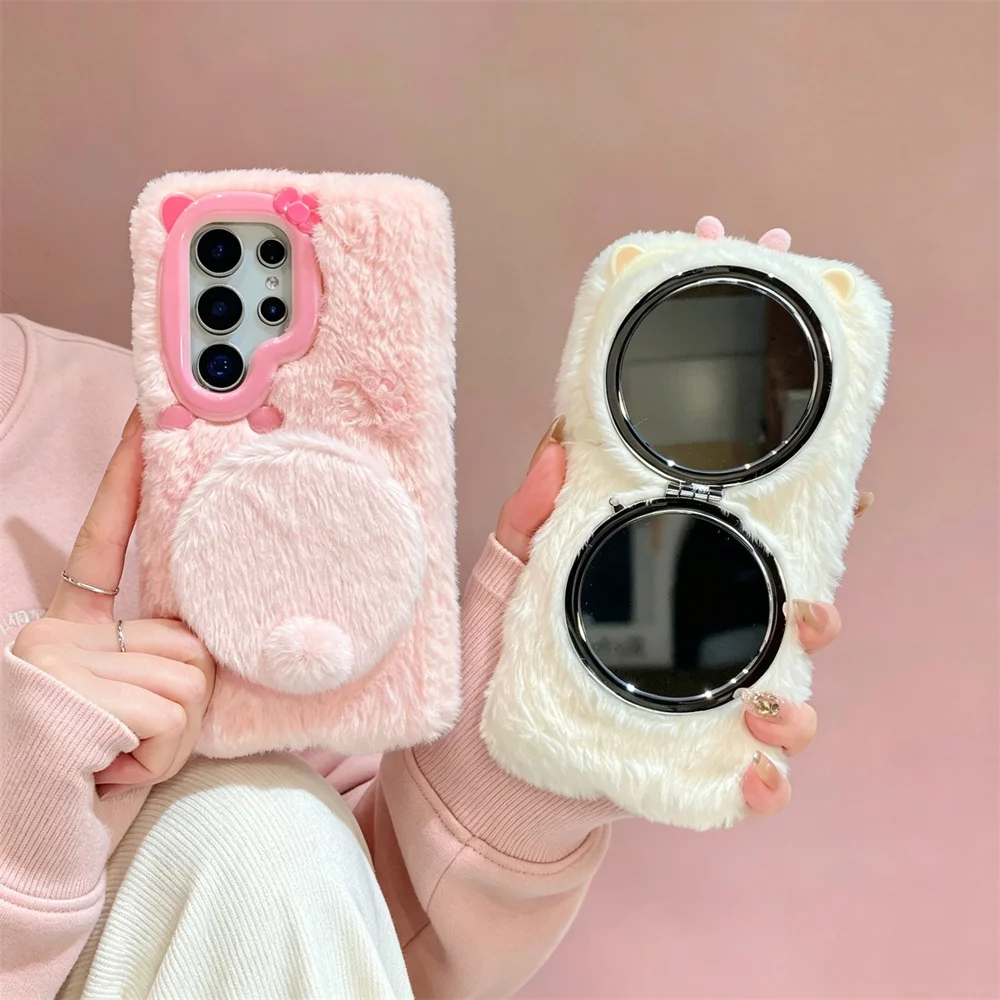 Cute Plush Phone Case with Fold Mirror Stand Cover for Samsung Galaxy S25 S24 plus S23 Ultra S24 S26 With Chain Shockproof Cover