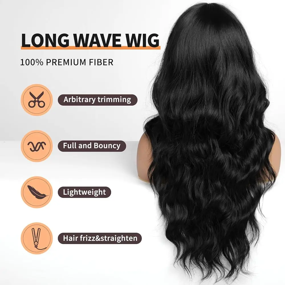 EASIHAIR Natural Black Long Body Wave Synthetic Women Wigs with Bangs Daily Cosplay Afro Brazilian Women Hair Wig Heat Resistant