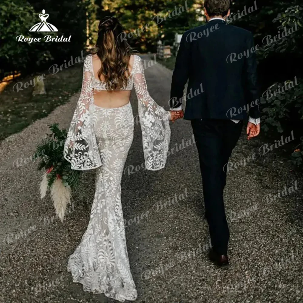 Vestido de novia de encaje con mangas de murciélago largas, estilo bohemio, sirena, hecho a medida, rústico, con cuello cuadrado, espalda abierta, 2024