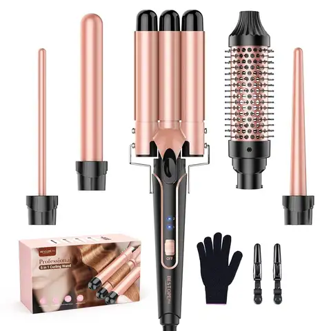 BESTOPE PRO-Ensemble de baguettes de fer à friser pour femme, 5 en 1, 3 barils, pince à sertir les cheveux, chauffage rapide