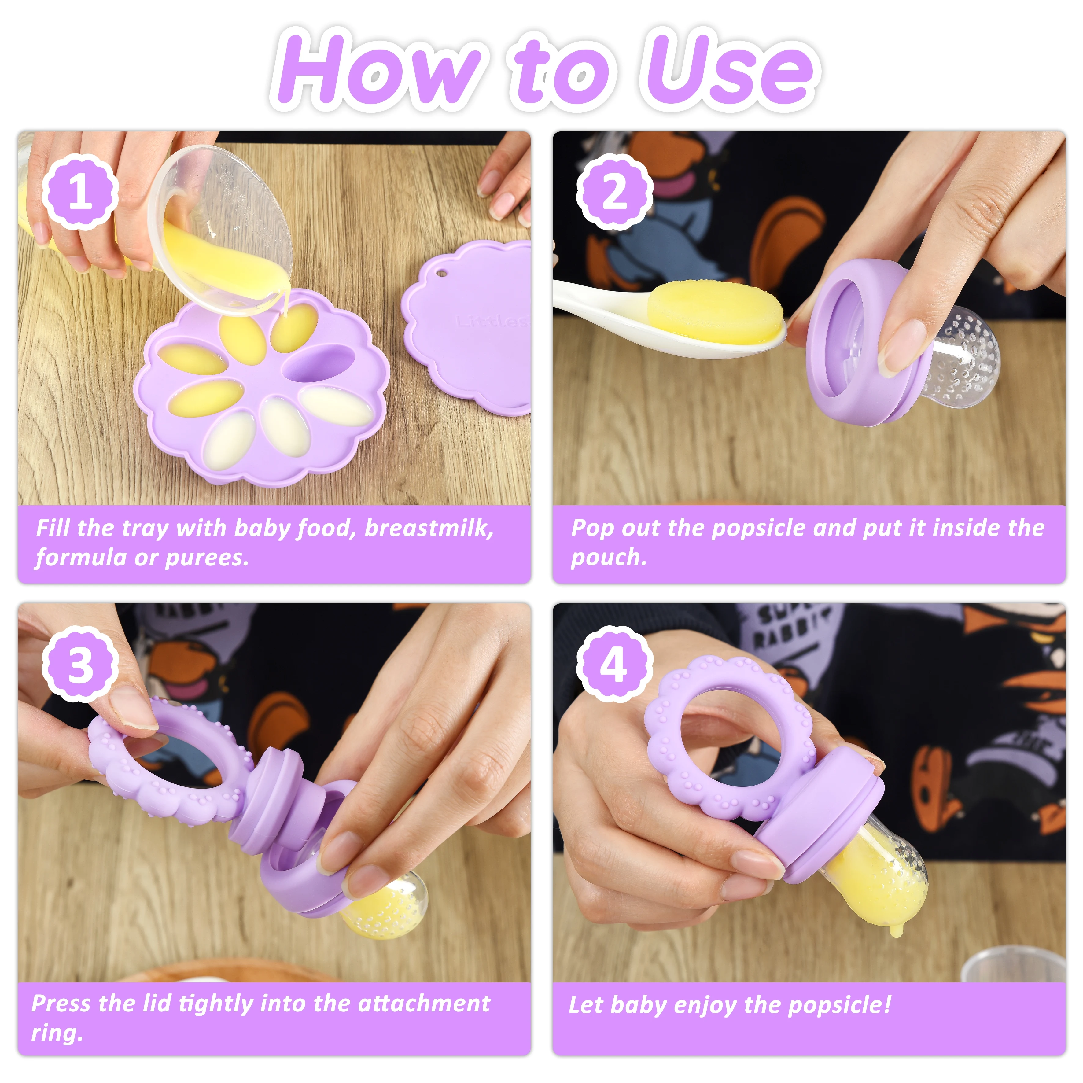 1 set-Sunflower Baby Fruit Feeder Set Silicone Mold Ice Cream Maker 2 Popsicle Molds 1 Tray Baby Feeder With Nipples