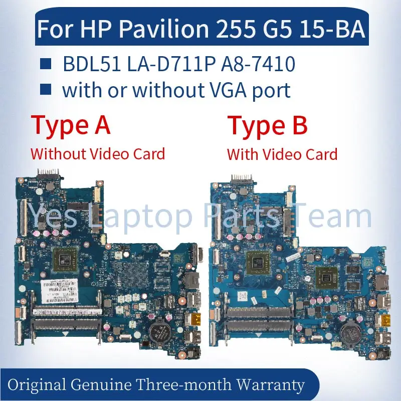 

BDL51 LA-D711P For HP Pavilion 255 G5 15-BA Laptop Mainboard 860341-601 860344-601 860339-601 E2 A6 A8 DDR3 Notebook Motherboard