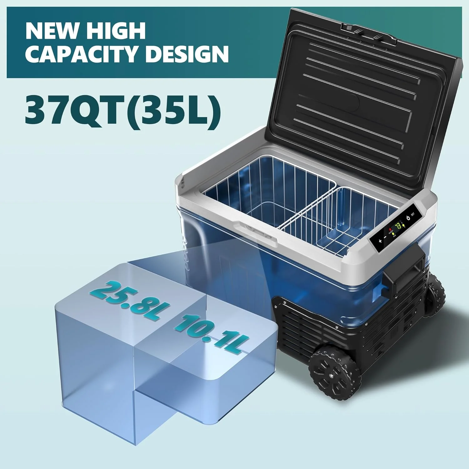 EKOJUCE 12 Volt Refrigerator, 37QT Electric Cooler, Portable Freezer With Wheels & 2 Baskets For Travel, Truck, Boat, Camping