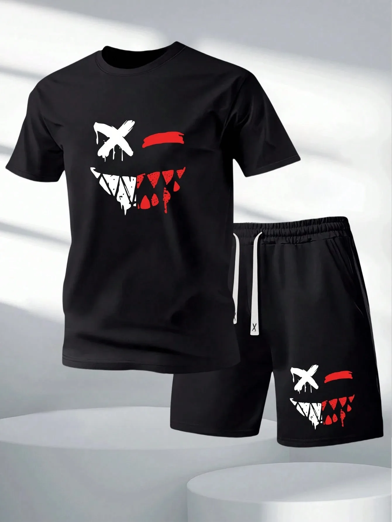 New Autumn Winter Men Business Casual Tshirt Shorts Set Fitness Running Outdoor Sports Black T-Shirt Set Oversized Two-Piece Set view 2