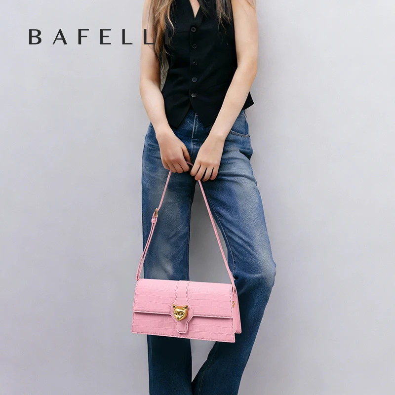 BAFELLI 2026 NEW WOMEN'S LUXURY BAGS CAT BRAND FASHION HANDBAG PINK LEATHER CLUTCH STYLISH EVENING CASUAL PURSE HIGH QUALITY