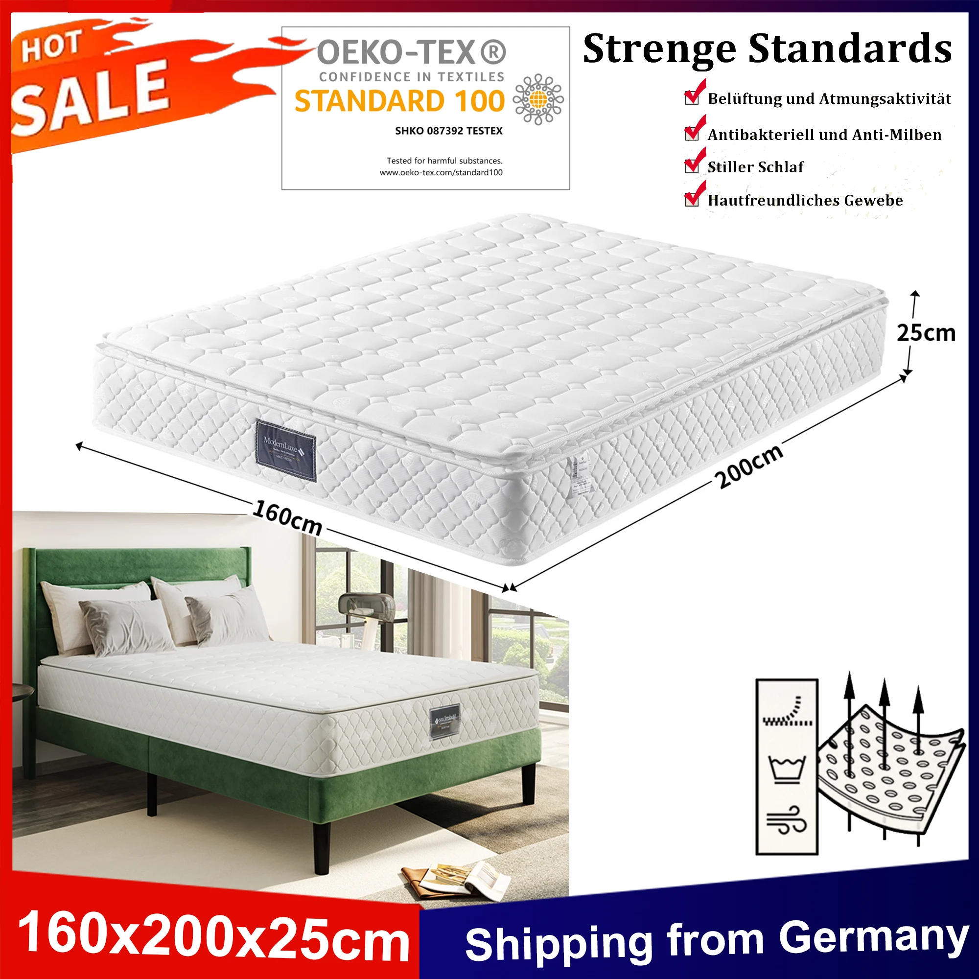 Matelas à ressorts Anajqaqia 160x200 cm, mousse froide 7 zones, avec dureté H3, certifié Oeko-Tex, housse en microfibre matelassée, épaisseur 25 cm