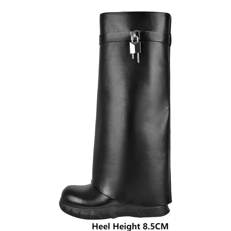 Onlymaker Women Black Shark Lock Pants Boots Wedge Brand Fold Knee High Heel Fashion Lady Boots