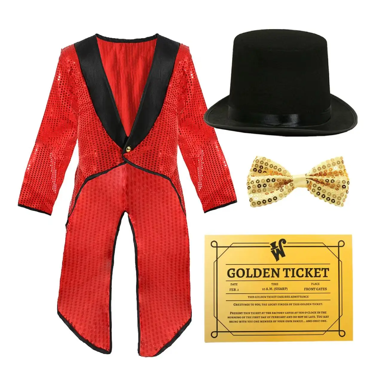 Child's Chocolate Factory Boss Costume - Red Sequin Tailcoat, Black Top Hat, Inflatable Candy Cane, Golden Ticket & Gold Sequin