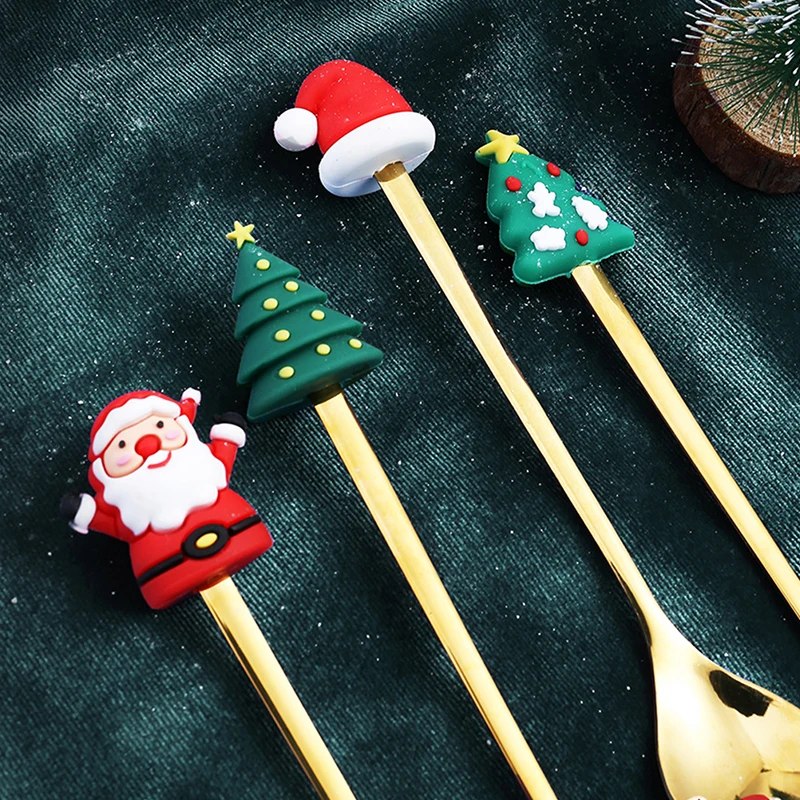 4PCS6PCS Christmas Gift Cutlery Spoon Fork Set Elk Tree Dessert Spoon Fruit Fork