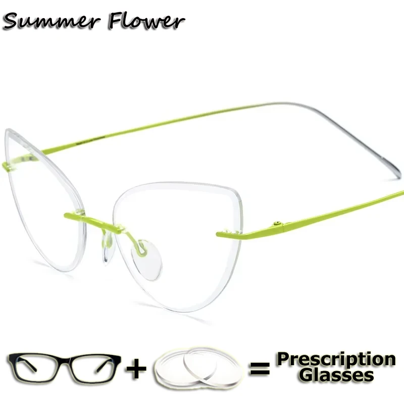 

Pure Titanium Cat Eye Rimless Glasses Lady Elegant Light Clear Lenses Tint Color Transition Eyeglasses for Women Recipe lens