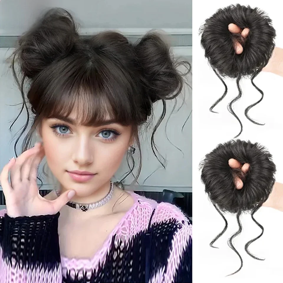 LM-Chignon synthétique désordonné pour femme, bande de cheveux bouclés, chouchou élastique, faux morceaux de cheveux, épingles à cheveux, noir, marron