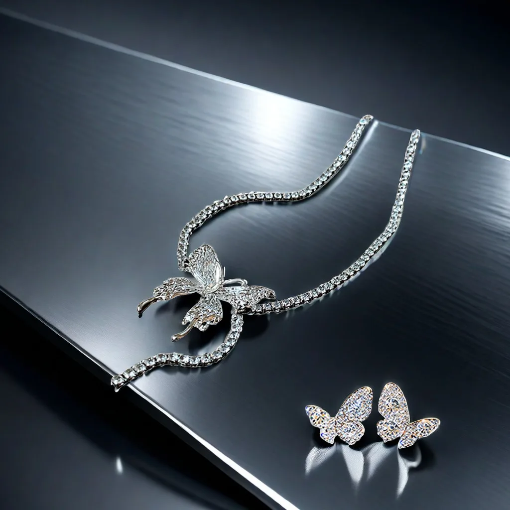 Romantic Wedding Jewelry Set, Ladies Elegant Butterfly Diamond Necklace Earrings, Suitable for Daily Wearing of Holiday Gifts