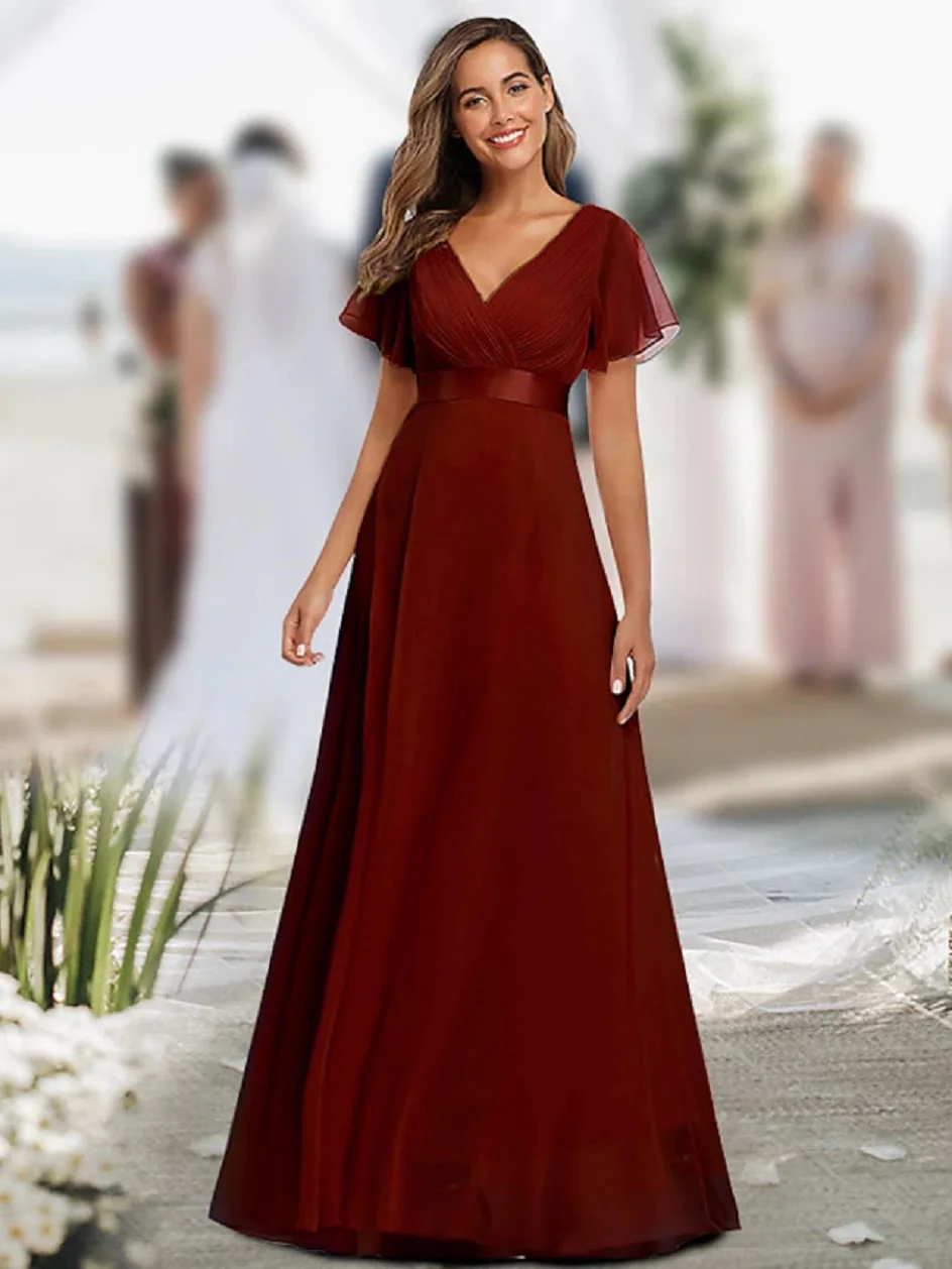 A-Line Prom Dresses Fall Wedding Guest Dress For Bridesmaid Floor Length Short Sleeve V Neck Chiffon V Back with Ruched Ruffles