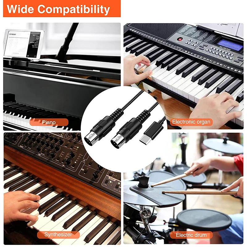 5 Pins MIDI Cable to usb USBC suitable Type-C MIDI Interface for ipad connection musical instrument Roland drum electronic drum