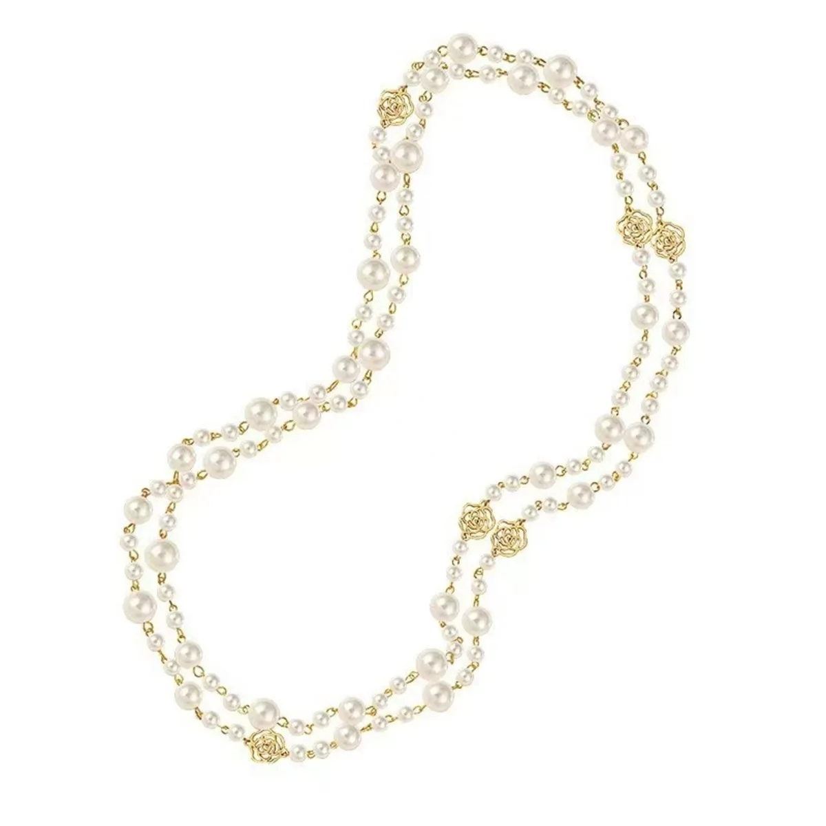 Vintage Lady Camellia Pearls Flower Long Necklace Chain Elegant Double Layers Fashion Jewelry For Women Party Collares de moda image 6