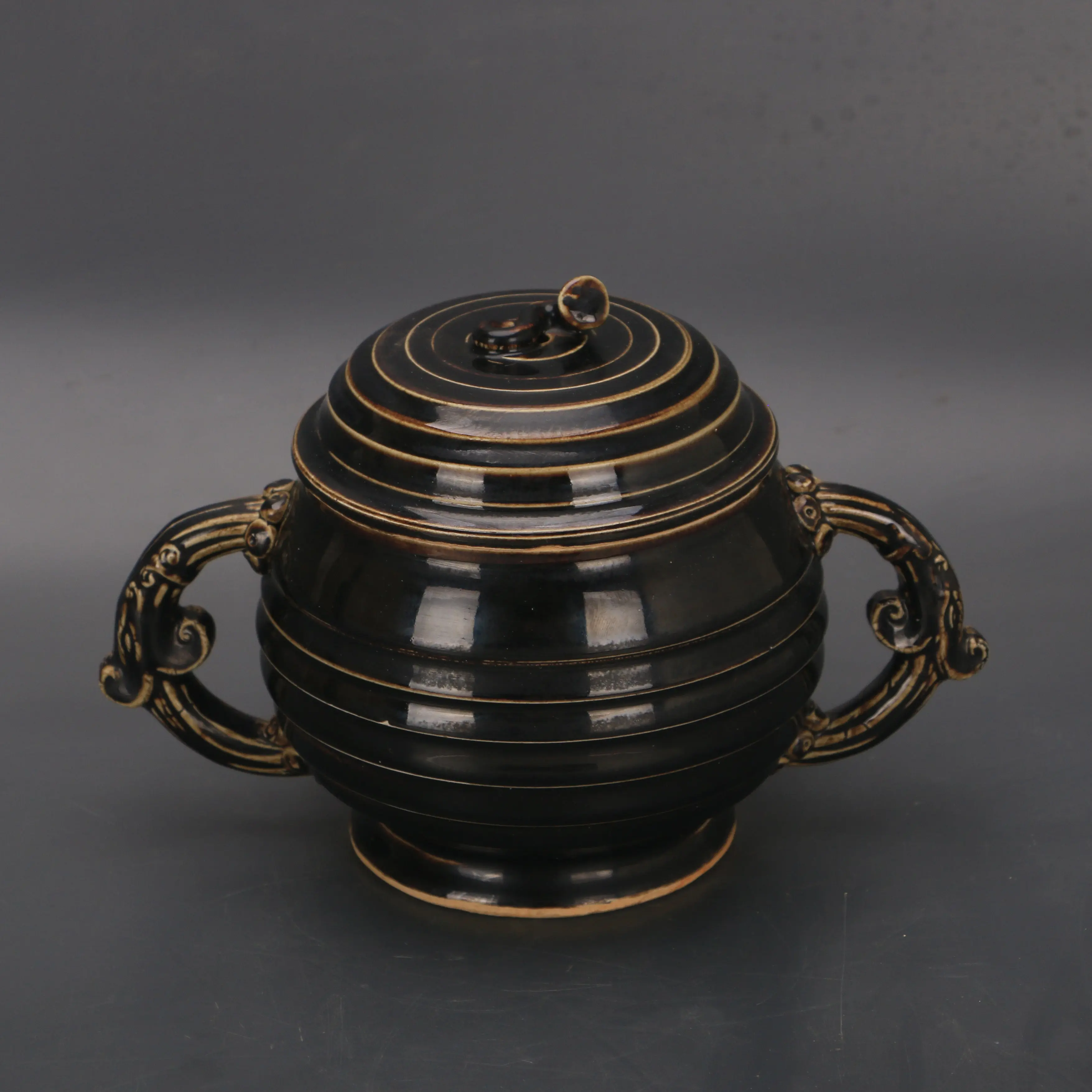 Song Dynasty Style Black Ding Ware Ruyi Spiral Pattern Lidded Jar Handmade Ceramic Home Decor Collectible