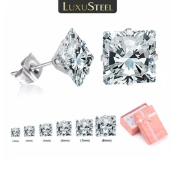 LUXUSTEEL-Juego de pendientes con forma cuadrada para hombre y mujer, aretes de cristal CZ, Color plateado, acero inoxidable, joyería de moda, 3-8mm, 6 pares por caja