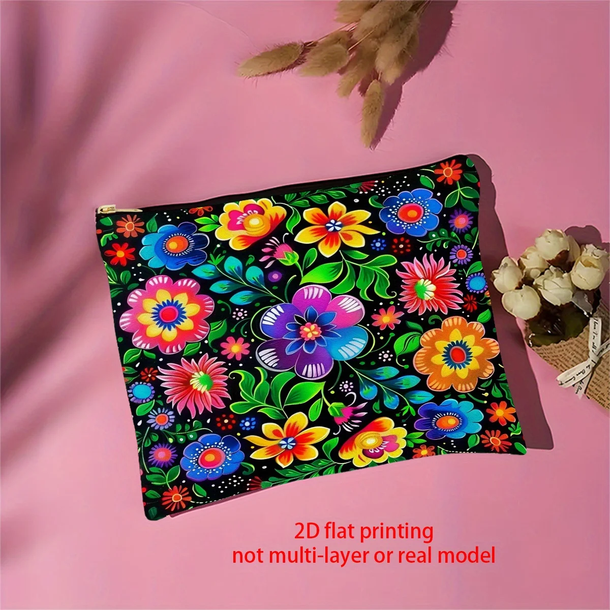 1Pc Colorful Polish Folk Art, Vibrant Floral Vintage Design Multifunctional Travel Makeup Bag, Snack Storage Bag, Stationery Storage Bag, Fashionable Toiletry Bag, Canvas Double-Sided Printed Zipper Pouch