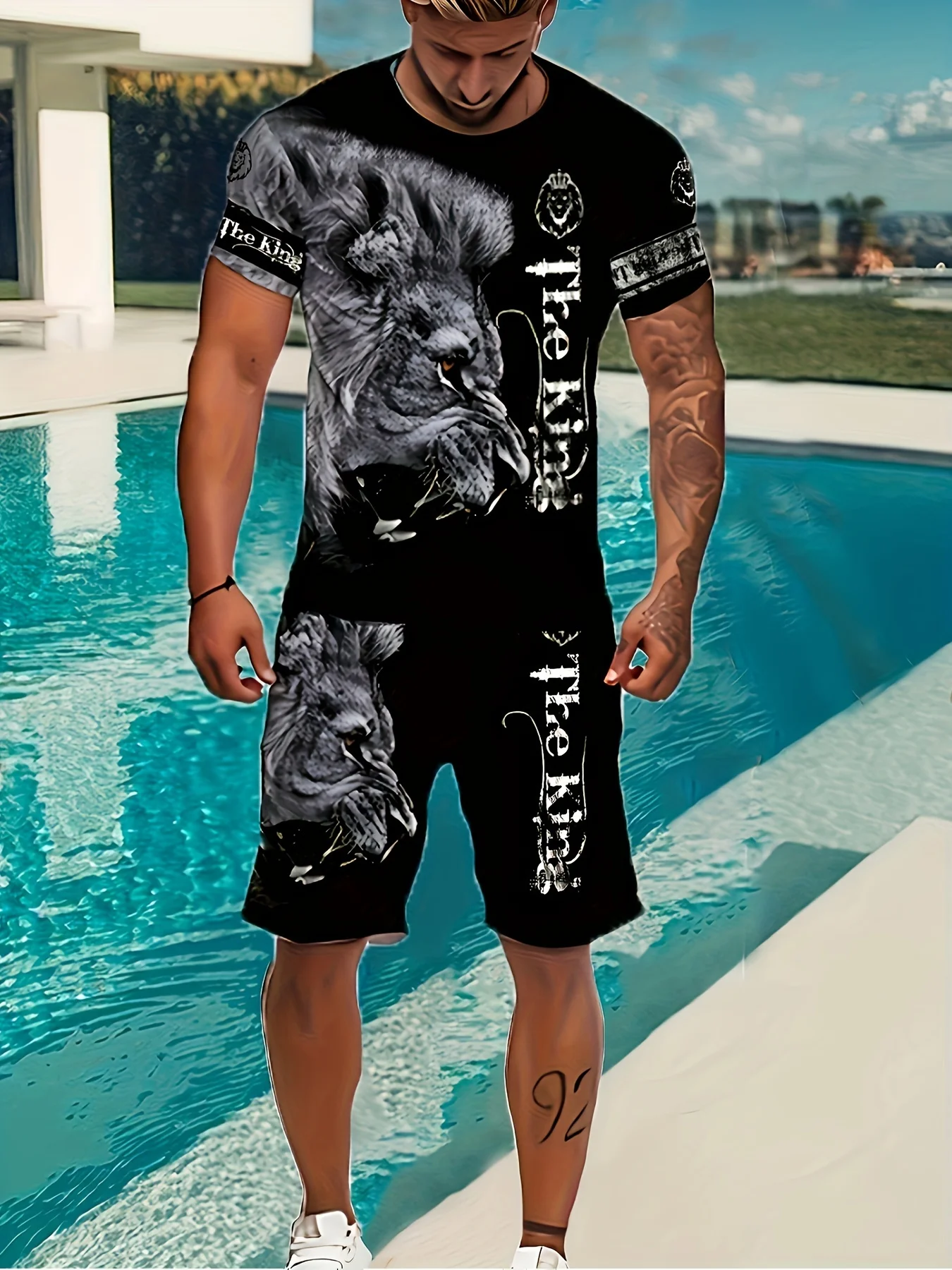 New Summer Fashion Short-Sleeved Simple Shorts Suit Plus Size Men's Lion Digital Print Sports Suit Suitable For Spring And Summe