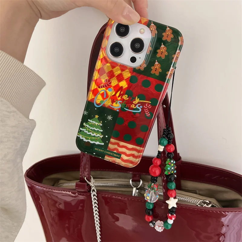 Cute Christmas Tree Reindeer gingerbread Polka Dot phone case for iPhone 16 15 14 13 Pro Max diamond-patterned chain shock cover