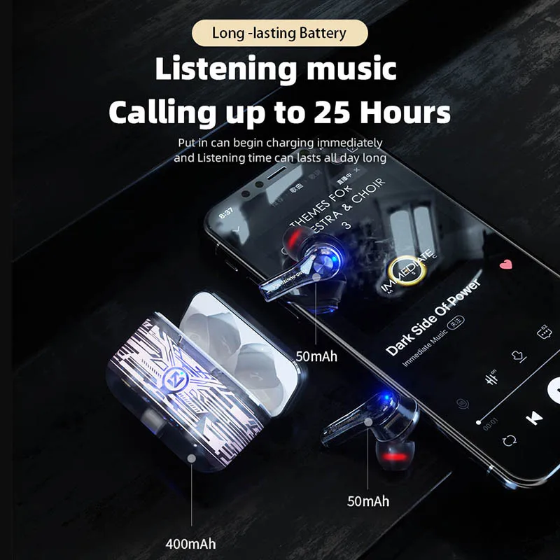 Auriculares TWS táctiles transparentes de TS-200, calidad de sonido HIFI, sonido estéreo HD, cancelación de ruido inteligente, auriculares principales duales