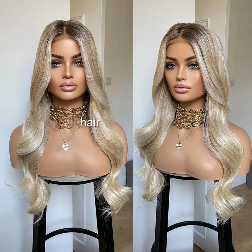 

Light Honey Blonde Luxury Synthetic Wig Highlights And Dark Roots 24 Inches Soft Hair Wig Long Wavy Elegant Beautiful Women Wig
