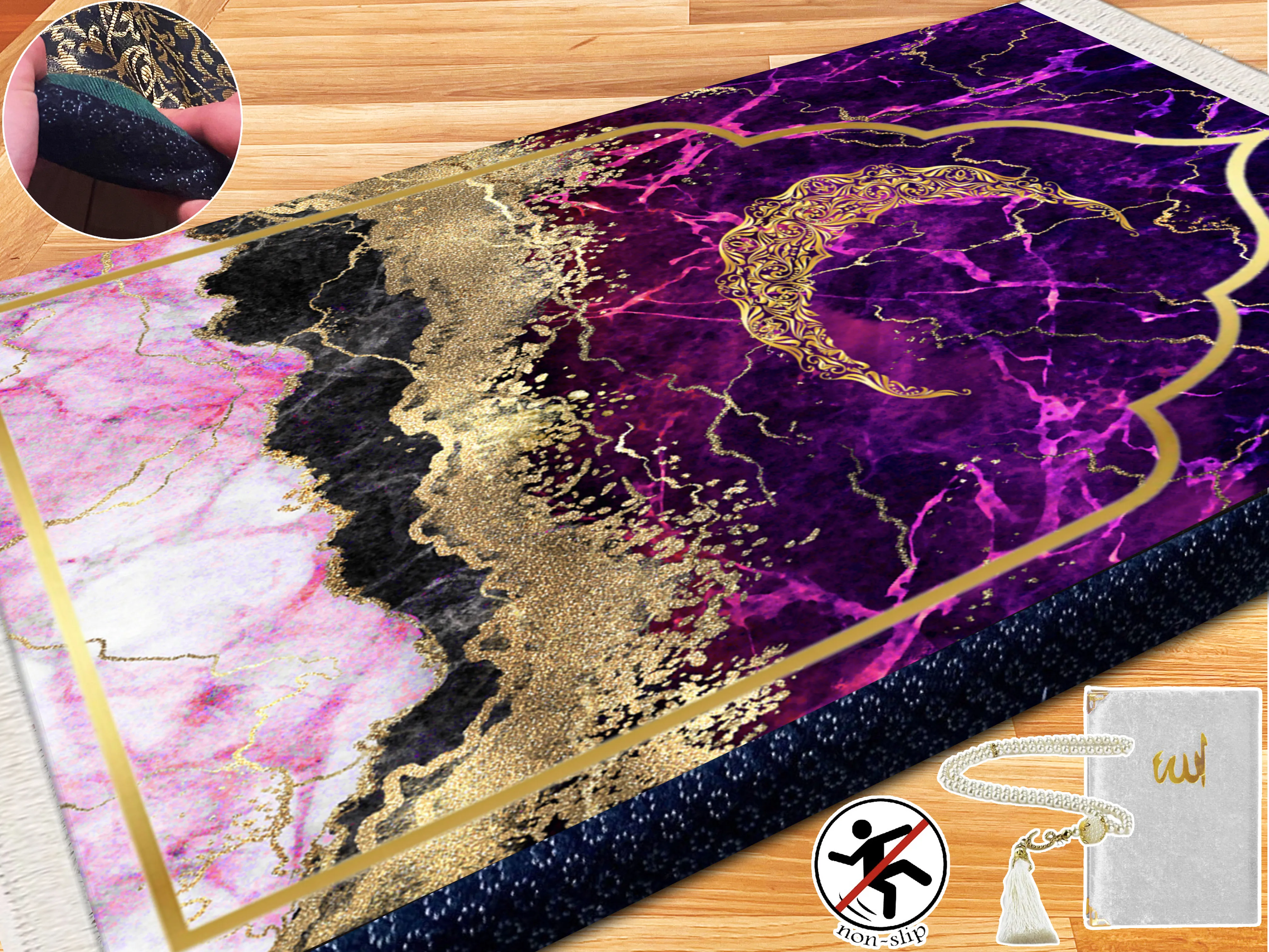 Extra Thick Foam Padded Turkish Marble Gold Purple Prayer Rug, Yaseen, Soft Praying Mat Carpet & Pearl Tasbeeh, İslamic Gift Set