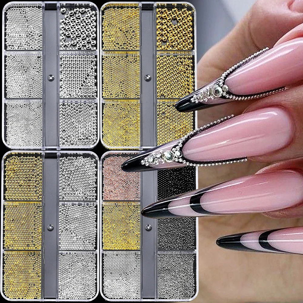6Gird/box Koraliki kawiorowe ze stali nierdzewnej Nail Art Mixed-Size Alloy Gold/Silver Gun Bead Nail Charms 0.8-3mm Manicure Micro Ball — zdjęcie 2