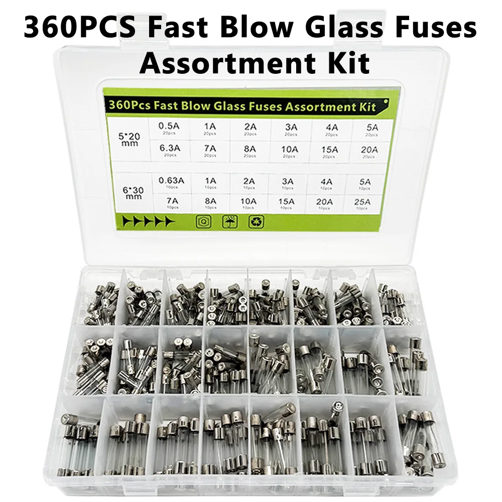 360Pcs Fast Blow Glass Fuses Assortment Kit 24 Values Auto Fuses Assortment Kit 250V 5x20mm & 6x30mm Glass Tube Fuses with Box