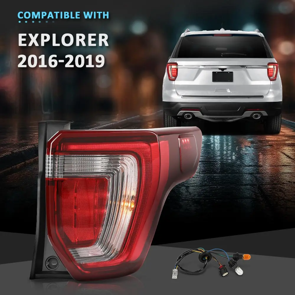 

Crossdesign Car Led Tail Light Rear Brake Lamps Right W/ Bulb Fit for Ford Explorer 2016-2019 Red Clear Lens