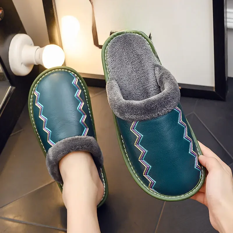 Pantoufles de maison en cuir véritable pour femmes, toboggans en fourrure pour femmes, chaussures d'intérieur unisexes, marque de luxe, hiver