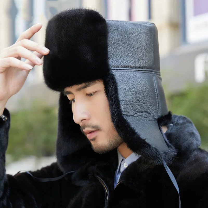 Russian Hat Ushanka Men Winter Thickened Warm Beanie Caps Korean Fashion Ushanka Earflap Pilot Hat Bomber Real  Mink Fur Hat