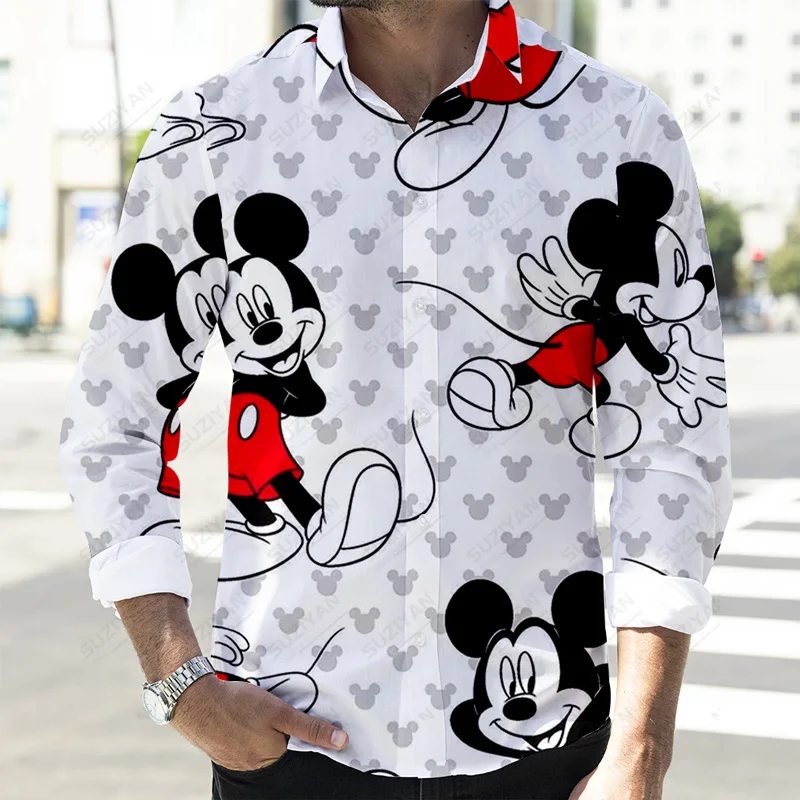 2022 Fall Latest Fashion Trend Casual Button Long Sleeve Shirt Disney Mickey 3D Full Print Fashion Men\'s Lapel Top