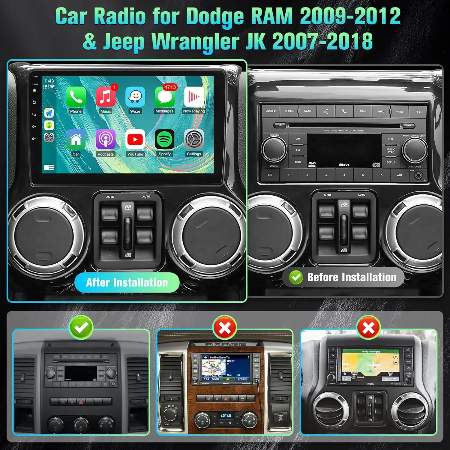 10.1 Inch IPS Touchscreen Head Unit with Carplay Android Auto MirrorLink GPS BT WiFi SWC Hi-Fi for Jeep Wrangler JK Compass Gran