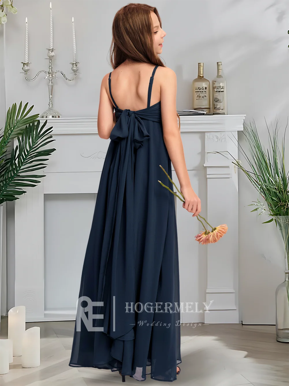 고급스러운 v 넥 주니어 신부 들러리 드레스 미드나잇 네이비 플라워 걸 드레스 캐스케이딩 보우 웨딩 파티가있는 바닥 길이 쉬폰
