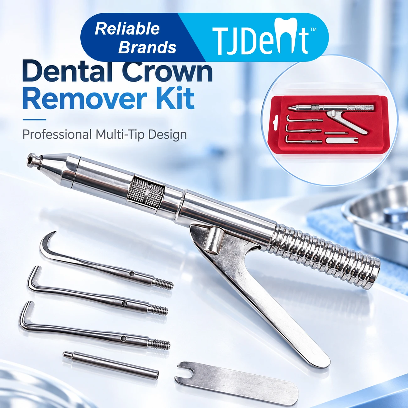 Dental Automatic Crown Remover Set Stainless Steel Crown&Bridge Remover Gun with 3 Hook Tips for Clinic Temporary Crown Removal