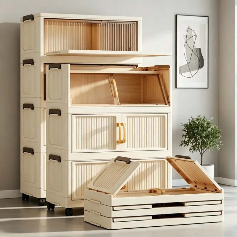 5-tier foldable stackable plastic storage cabinet, no assembly needed, with magnetic vertical transparent double doors and brown handles, foldable rolling storage box, 58cm wide, with universal wheels, perfect for organizing clothes in the bedroom, kitche view 4