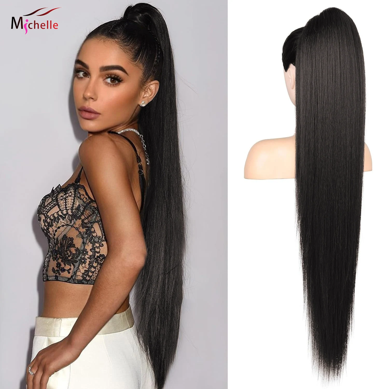 

Long Straight Ponytail Extension Drawstring Black Ponytail Hair Extensions 100% Human Hair Clip in Ponytail Hairpieces 16-26Inch
