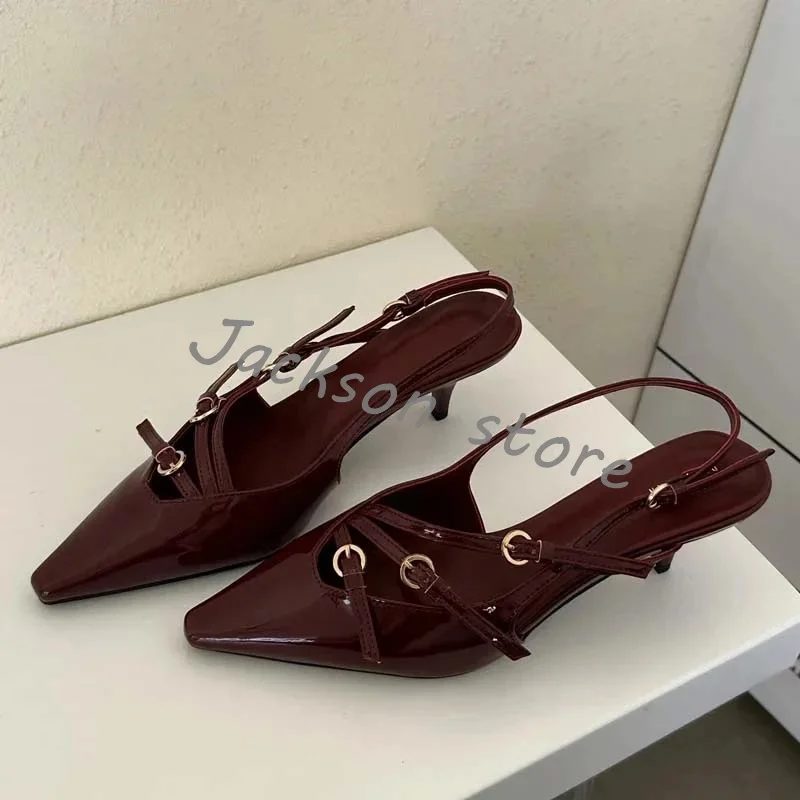 Burgundy Pointed Toe Fashion High Heel Pumps Buckle Style Luxury Women Shallow Sandals Summer Elegant Dress Shoes Patent Leather