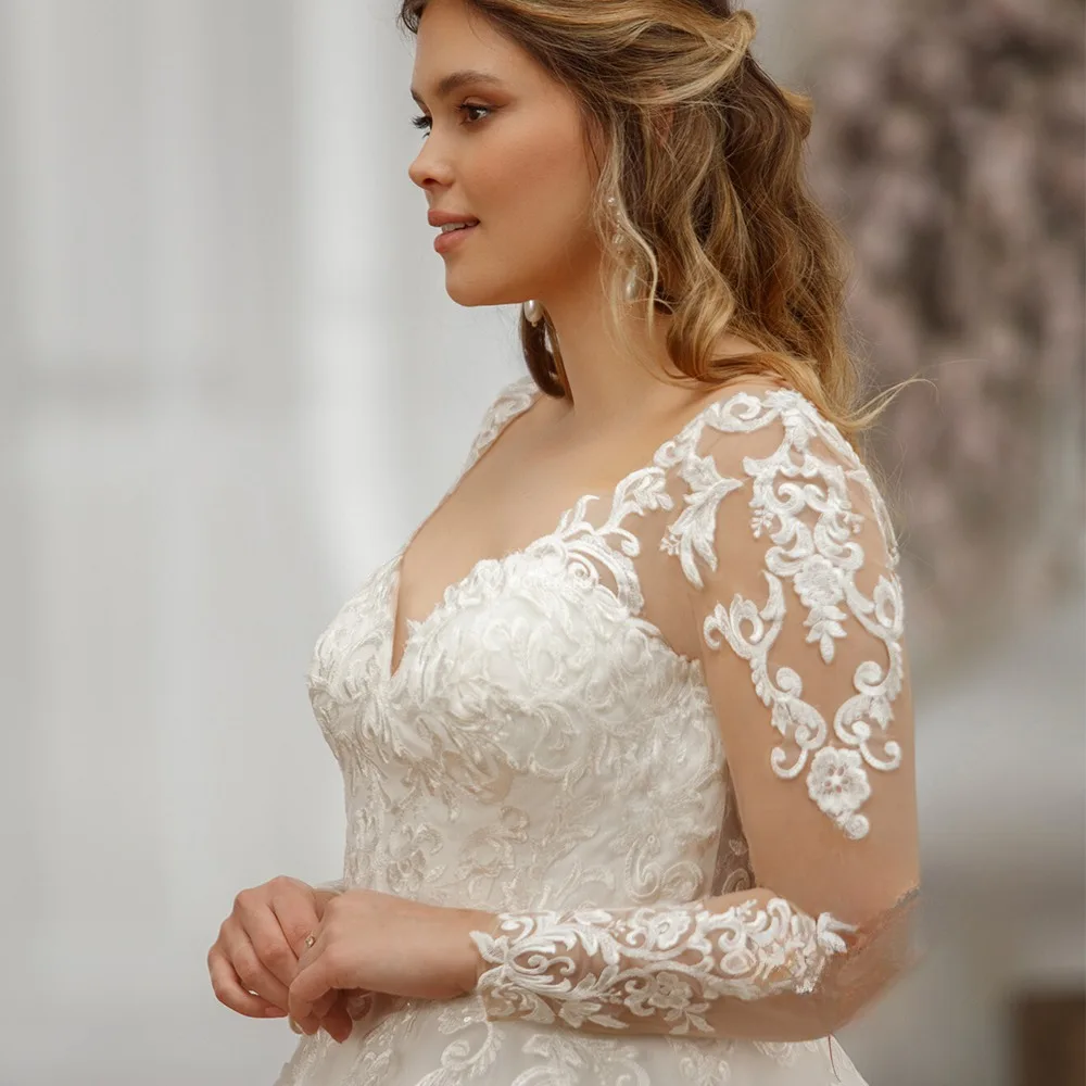 Vestidos De Novia De talla grande con cuello en V, manga larga, apliques en la espalda, encaje De tul, línea A