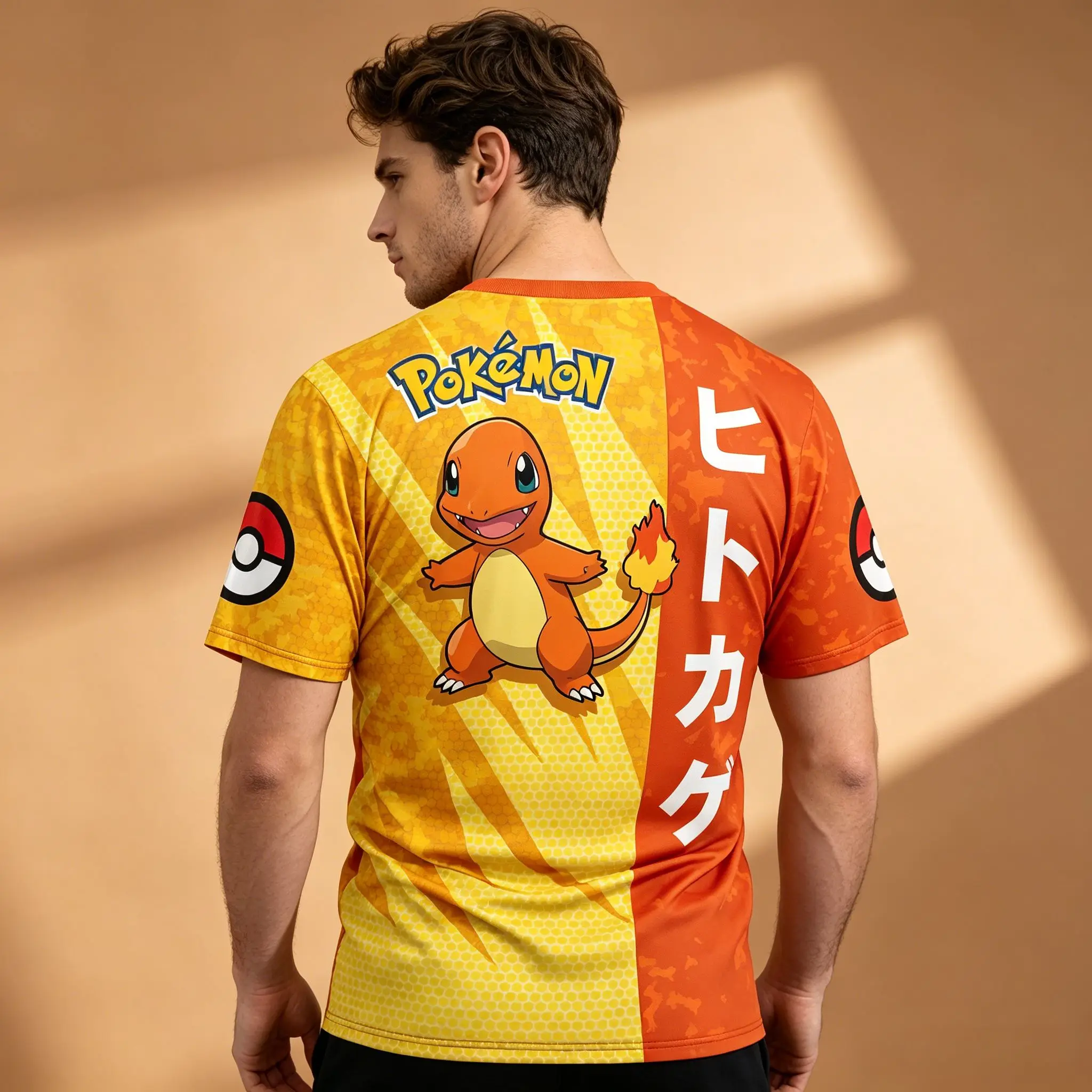 Men's Two Tone Split Full Sublimated Anime Graphic T-Shirt, Pokemon Charmander Fire Breath Print Pokeball On Sleeves Vertical Ja