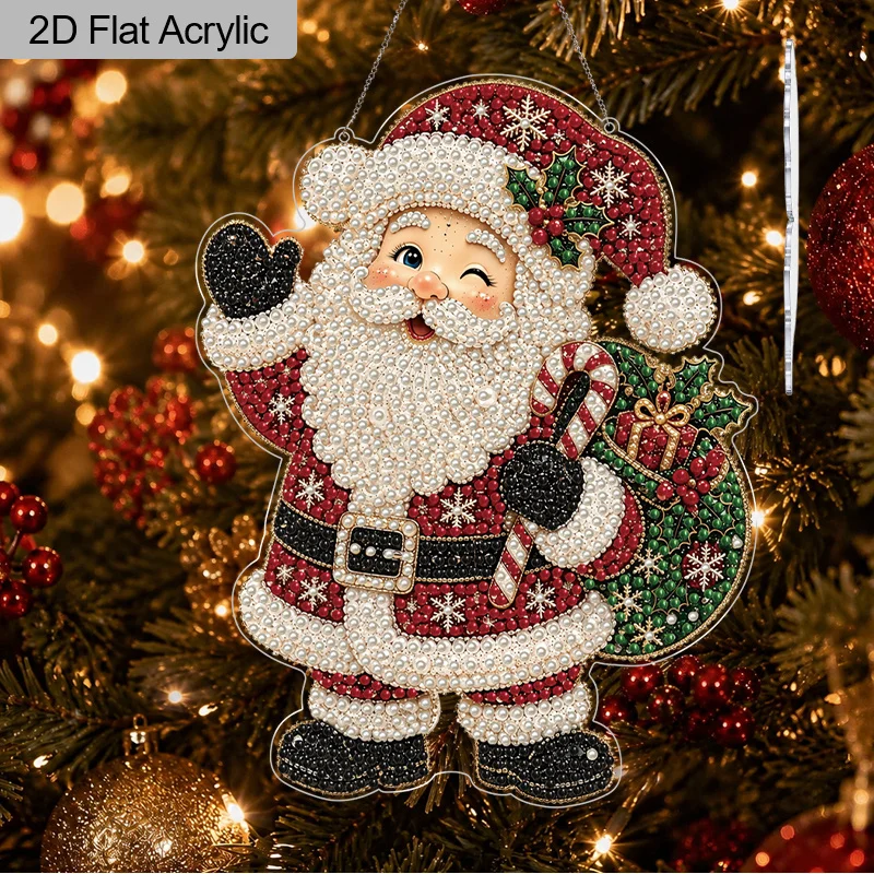 2D Flat Acrylic Santa Claus Shape Pearl Diamond Painting Hanging Ornament, Christmas Lace-Edge Hanging Decor, 3D Mixed-Size