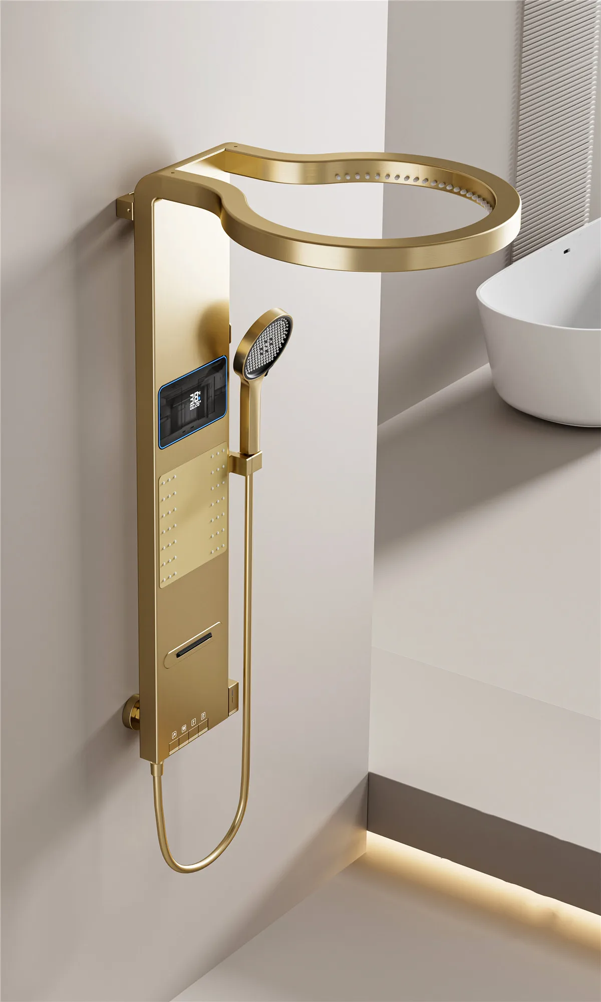 Goldener Nickel-Duschschirm Wandmontiertes Wasserfall-Duschkopf-Set Badezimmer Digitale Atmosphäre LED-Licht Duschset Schirm – Detail 5
