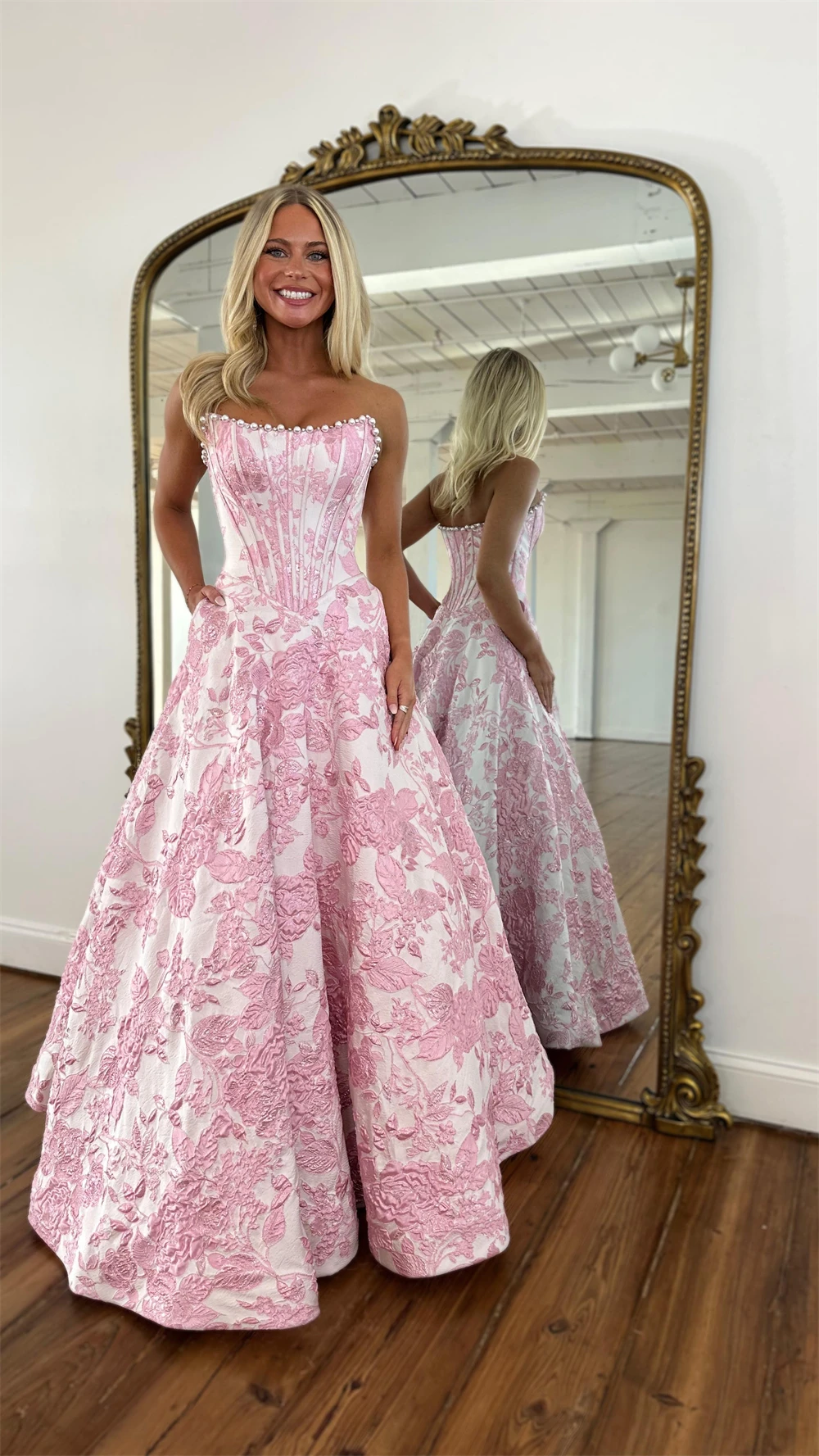 Sansa Customized Pink A-line Pearls Strapless Prom Dresses Sleeveless Sweet Vestidos De Noche Floor-Length Formal Evening 2026