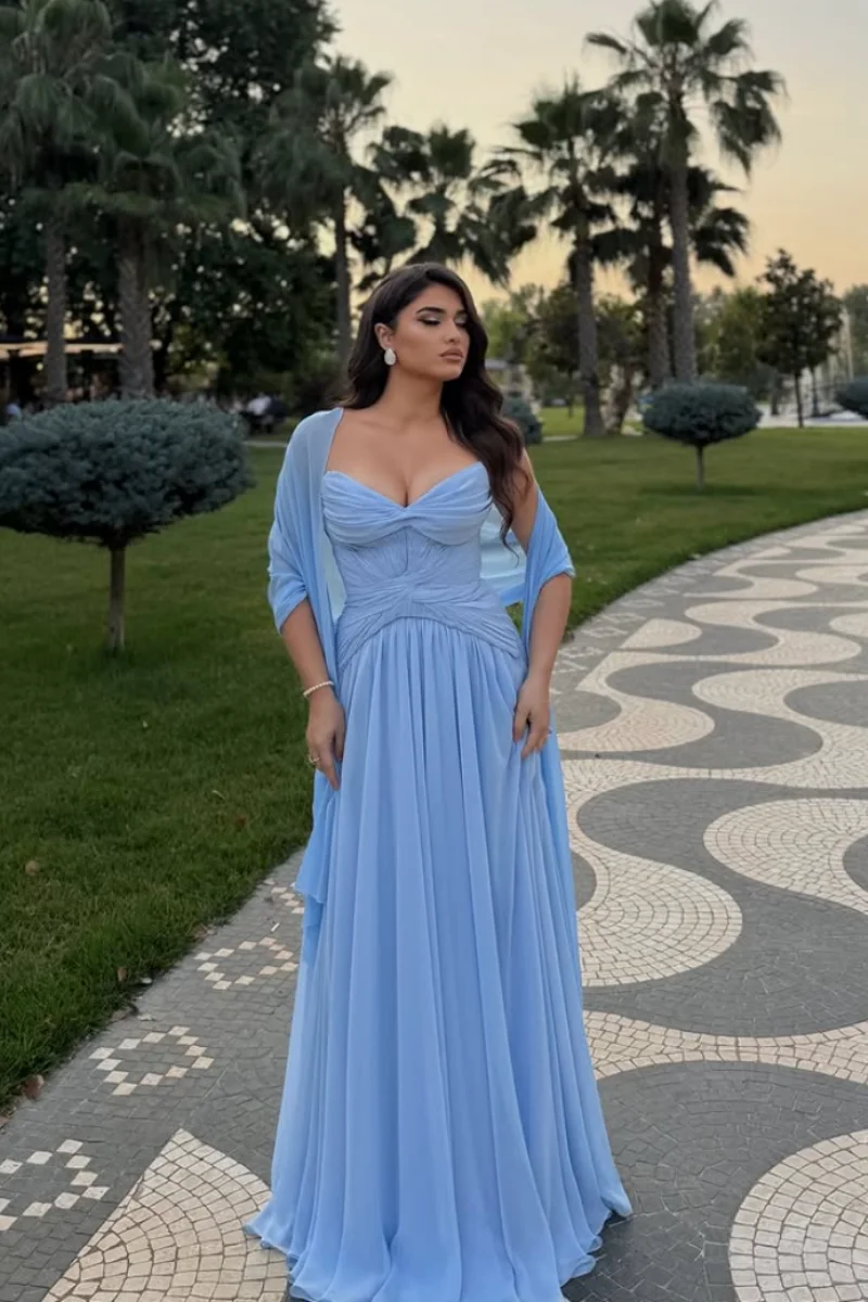 Annie Sky Blue فساتين حفلة موسيقية خارج على الكتف مطوي فساتين سهرة شيفون للمناسبات الخاصة فساتين حفلات الزفاف