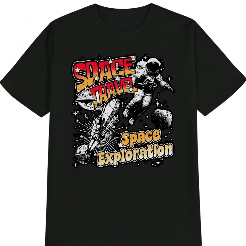 

Men'S Casual Space Exploration Graphic Pure Cotton T-Shirt with Vibrant Rocket Planet Design Round Neck Short Sleeve Perfect Gif