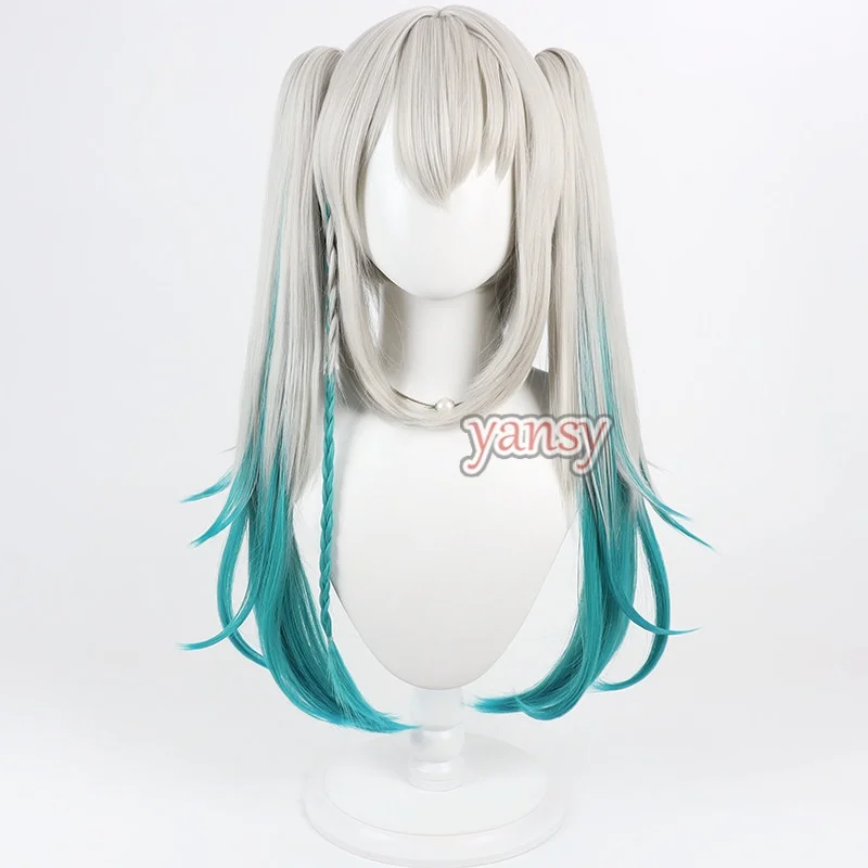 Yansywig Synthetic Hair Rei7 Cosplay Wigs Virtual YouTuber Rei7 60cm Long Silver Gray Mixed Green Ponytail Wig Heat Resistant